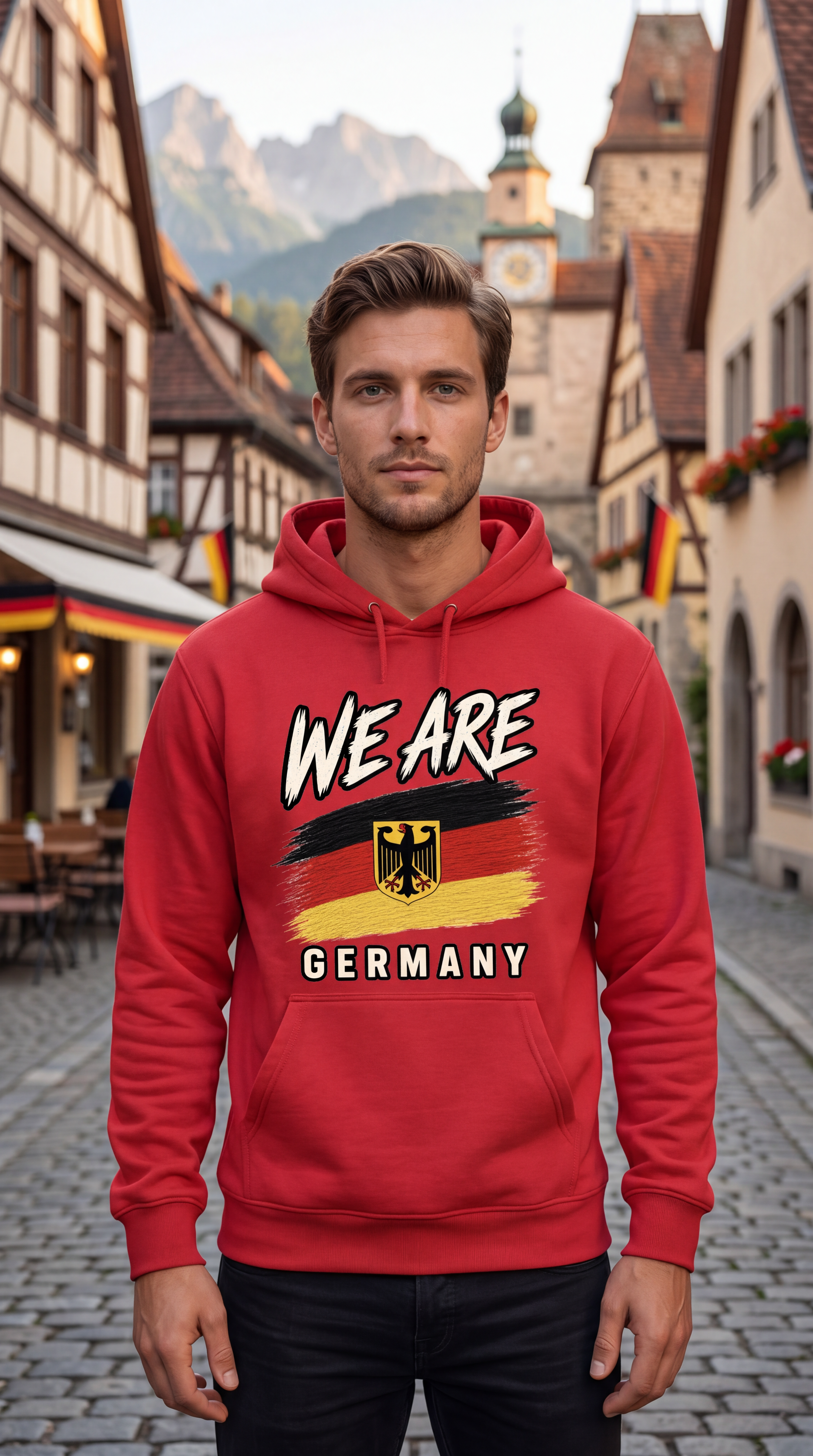 A man wearing a red hoodie with a 'WE ARE GERMANY' graphic featuring the German flag stands in a cobblestone street in front of half-timbered houses and mountains.