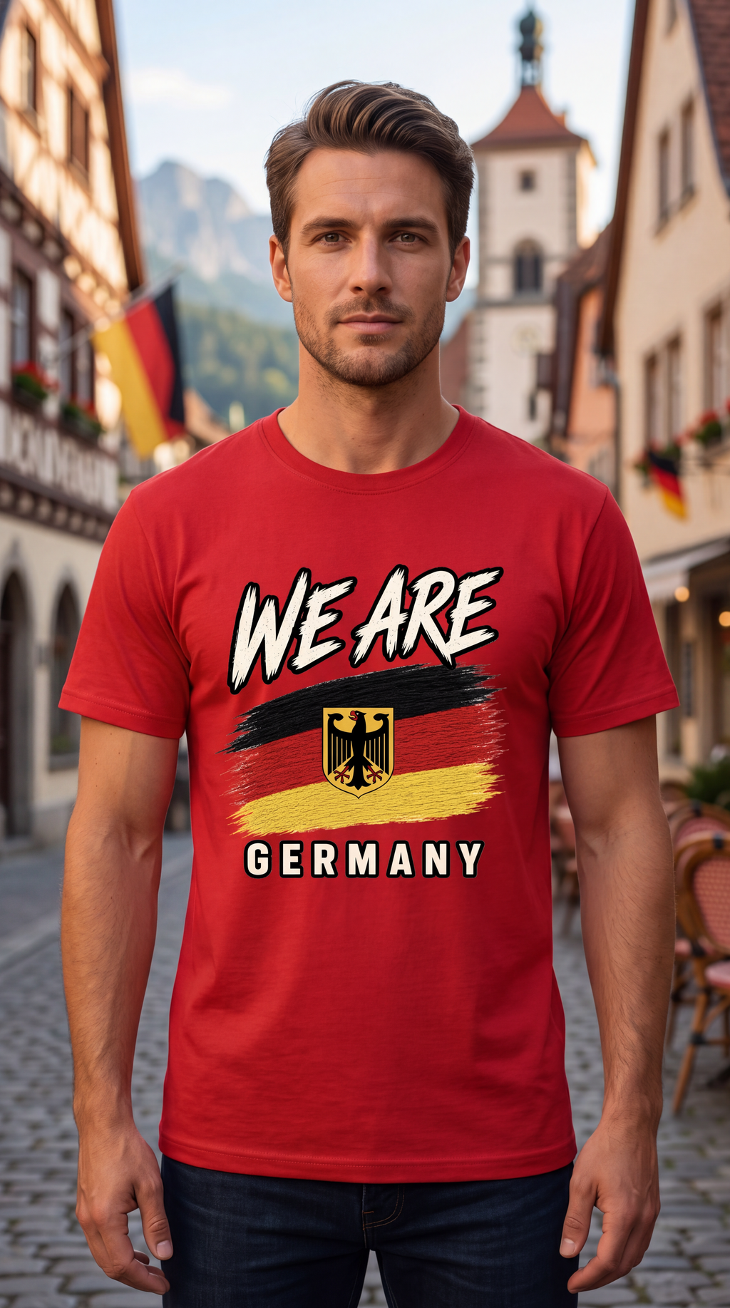 A man wearing a red graphic t-shirt with 'WE ARE GERMANY' and the German flag design, standing on a cobblestone street in a European town.
