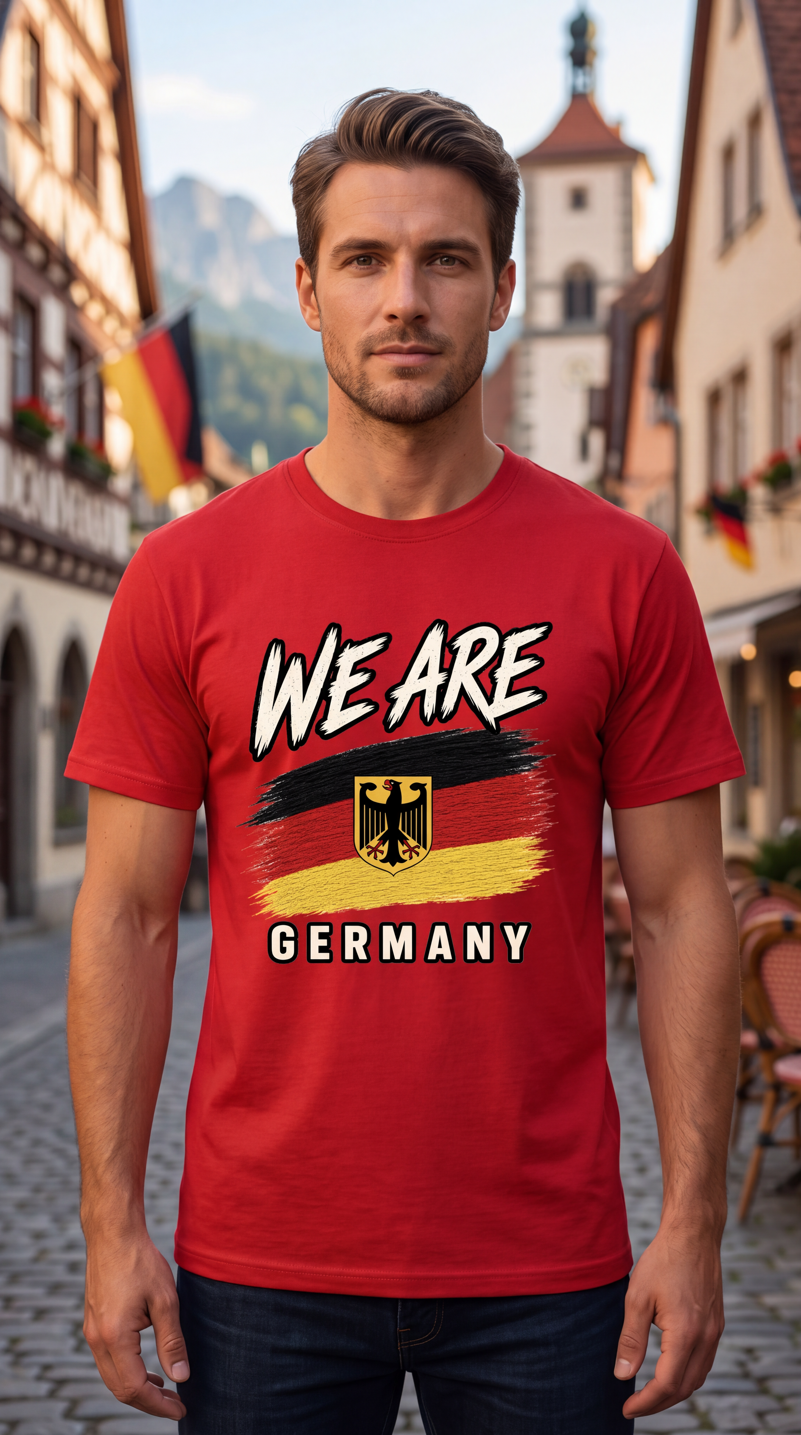 A man wearing a red graphic t-shirt with 'WE ARE GERMANY' and the German flag design, standing on a cobblestone street in a European town.