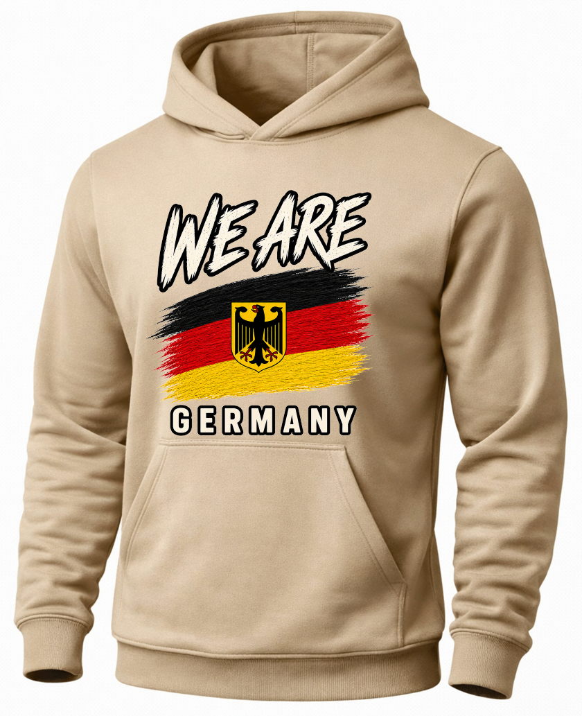 A beige pullover hoodie with a graphic print on the front featuring the text 'WE ARE' above a German flag design and 'GERMANY' below, with the German coat of arms eagle in the center.