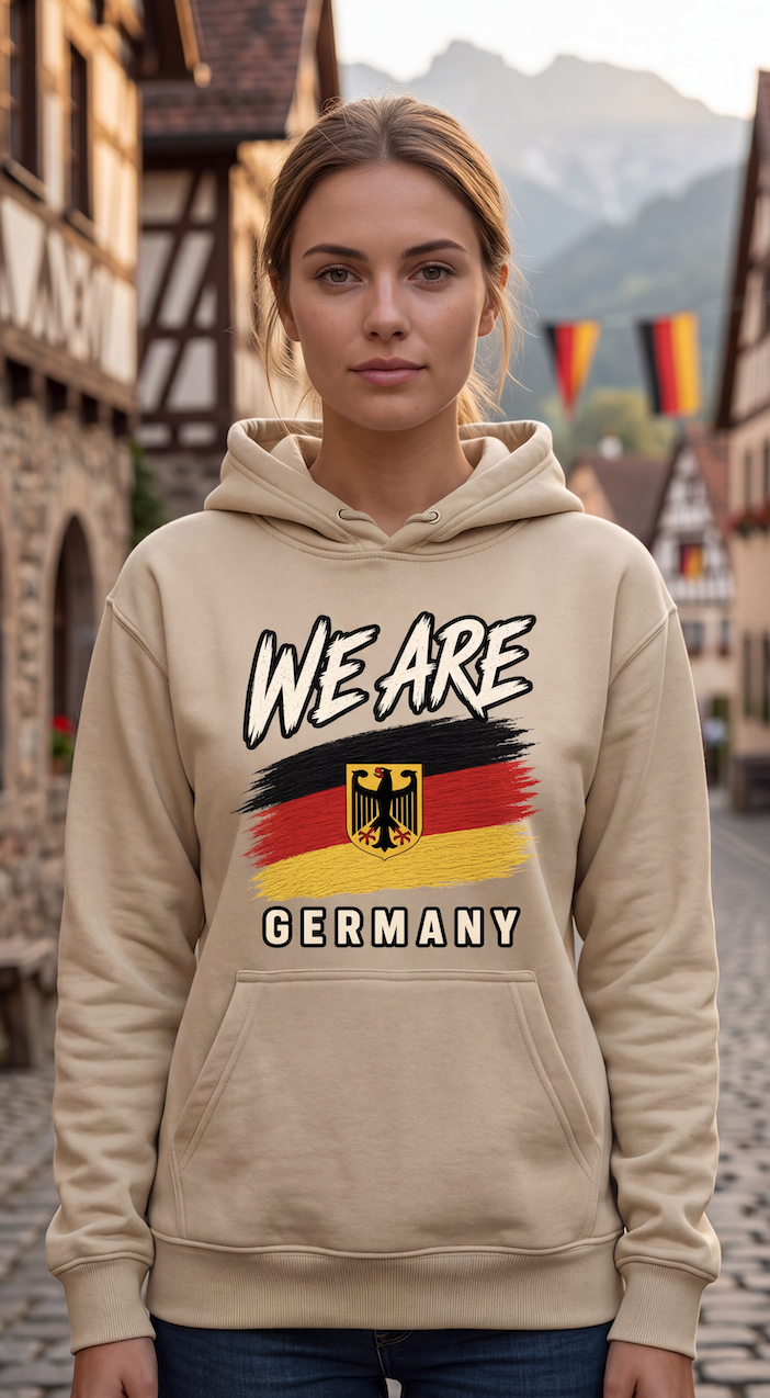 A woman stands in a European-style street wearing a beige hoodie with a graphic that reads 'WE ARE GERMANY' above and below a black, red, and yellow flag design with the German eagle emblem.