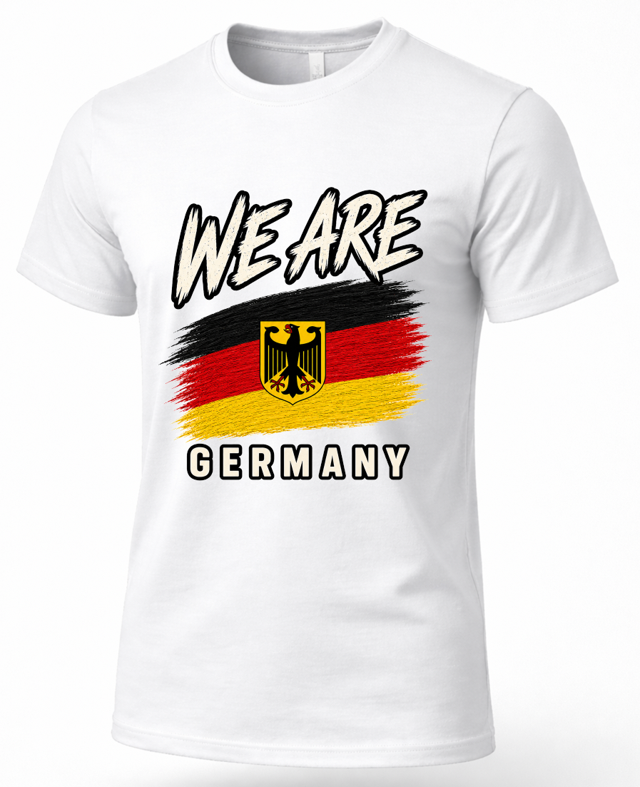 A white short-sleeve crewneck t-shirt featuring a graphic print of the German flag with a black eagle emblem in the center, and the words 'WE ARE' above and 'GERMANY' below.