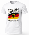 A white short-sleeve crewneck t-shirt featuring a graphic print of the German flag with a black eagle emblem in the center, and the words 'WE ARE' above and 'GERMANY' below.