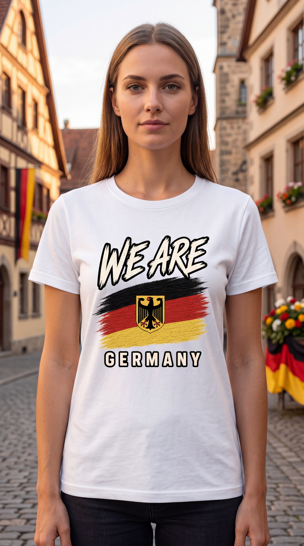A woman stands on a cobblestone street wearing a white graphic T-shirt with the words 'WE ARE GERMANY' and a stylized German flag design. The background shows historic European buildings.