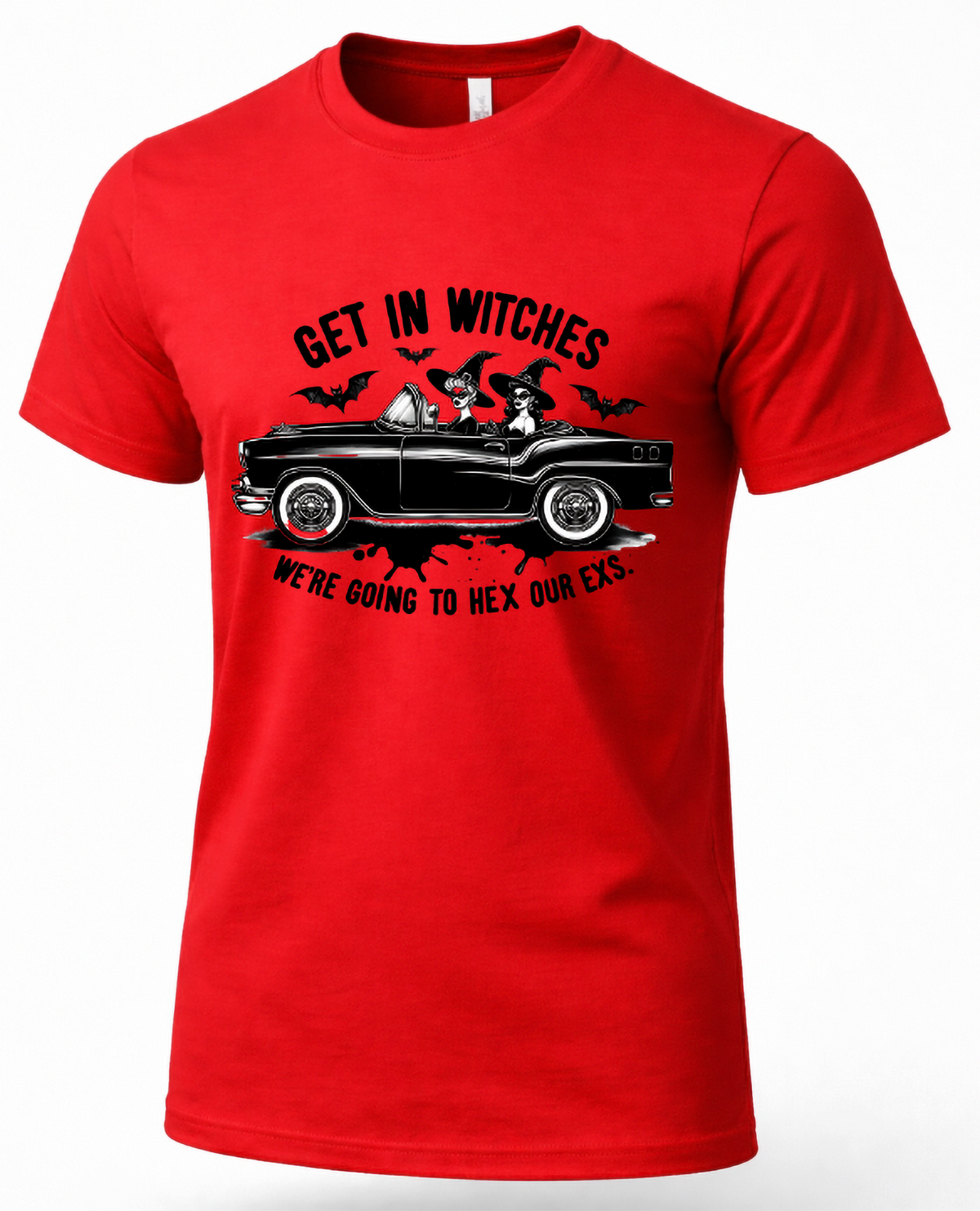 A red short-sleeve crewneck t-shirt with a black and white graphic print of a witch driving a classic car, with the text 'GET IN WITCHES WE'RE GOING TO HEX OUR EX.'.
