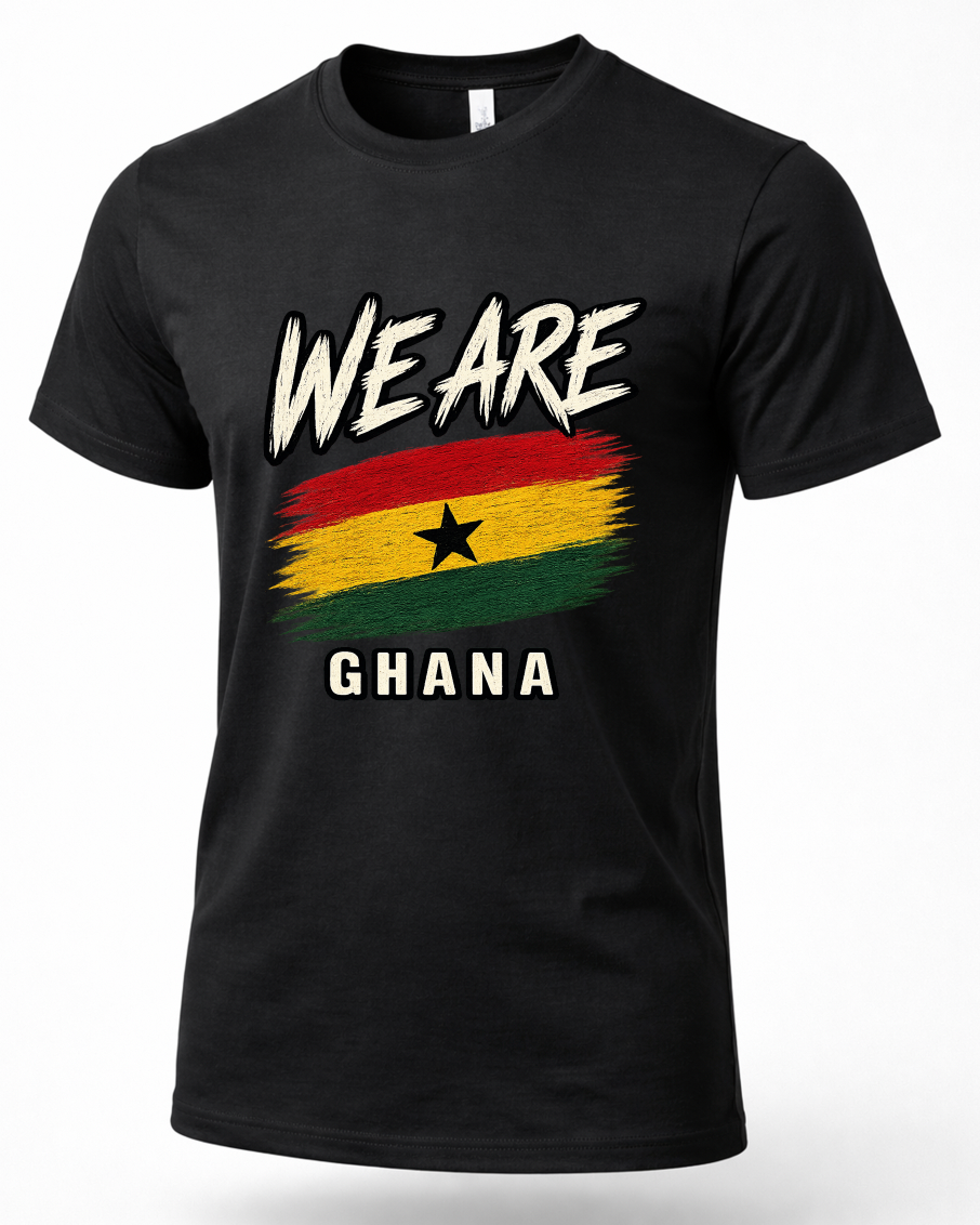 A black short-sleeve crewneck t-shirt featuring a distressed graphic of the Ghana flag with the text 'WE ARE' above and 'GHANA' below in white, shown on a clean white background.