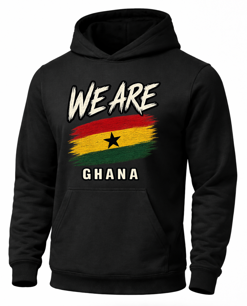 A black pullover hoodie featuring a distressed graphic print of the Ghana flag with the text 'WE ARE' above and 'GHANA' below, shown on a plain white background.