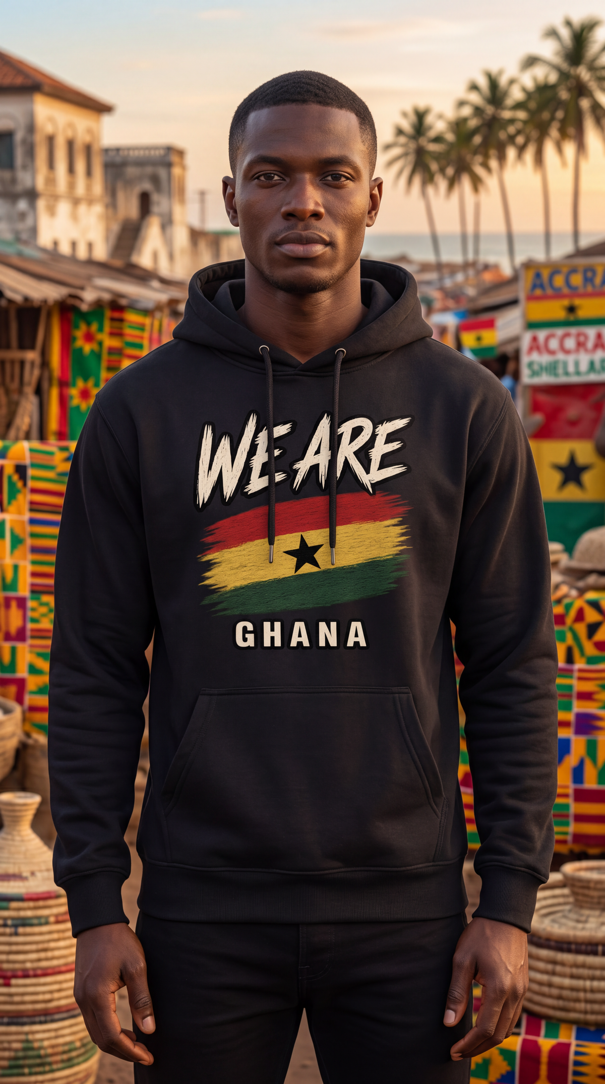 A man wearing a black hoodie with a graphic print that reads 'WE ARE GHANA' and features the Ghana flag, standing in front of a colorful market background.