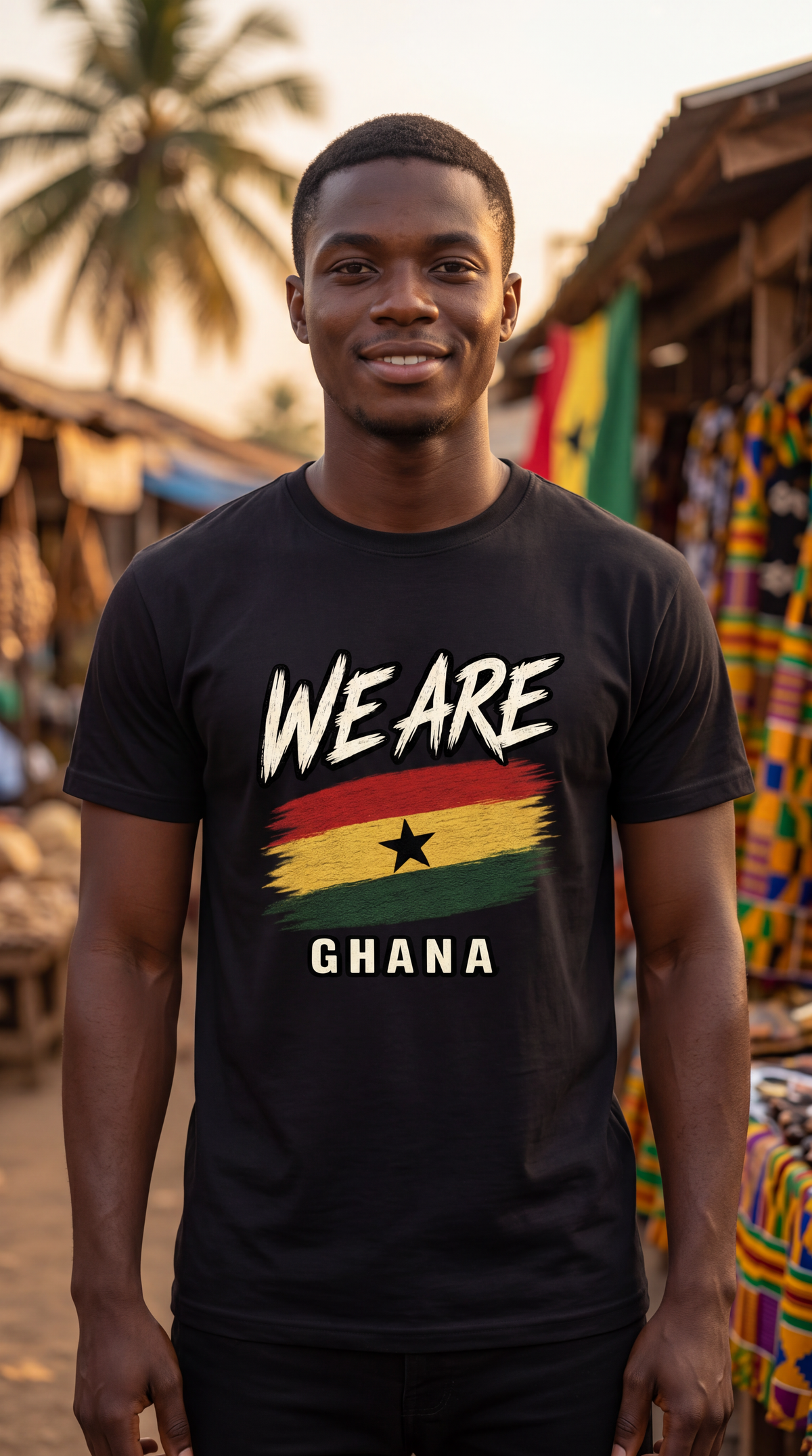 A young man wearing a black t-shirt with a 'WE ARE GHANA' graphic featuring the Ghana flag, standing in an outdoor market setting.