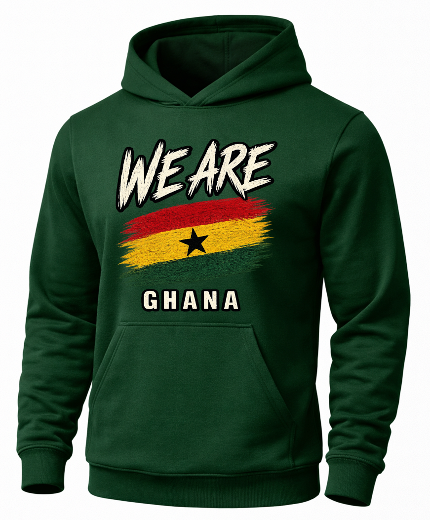 A dark green pullover hoodie with a front graphic that reads 'WE ARE GHANA' above and below a distressed Ghana flag design, shown on a plain white background.