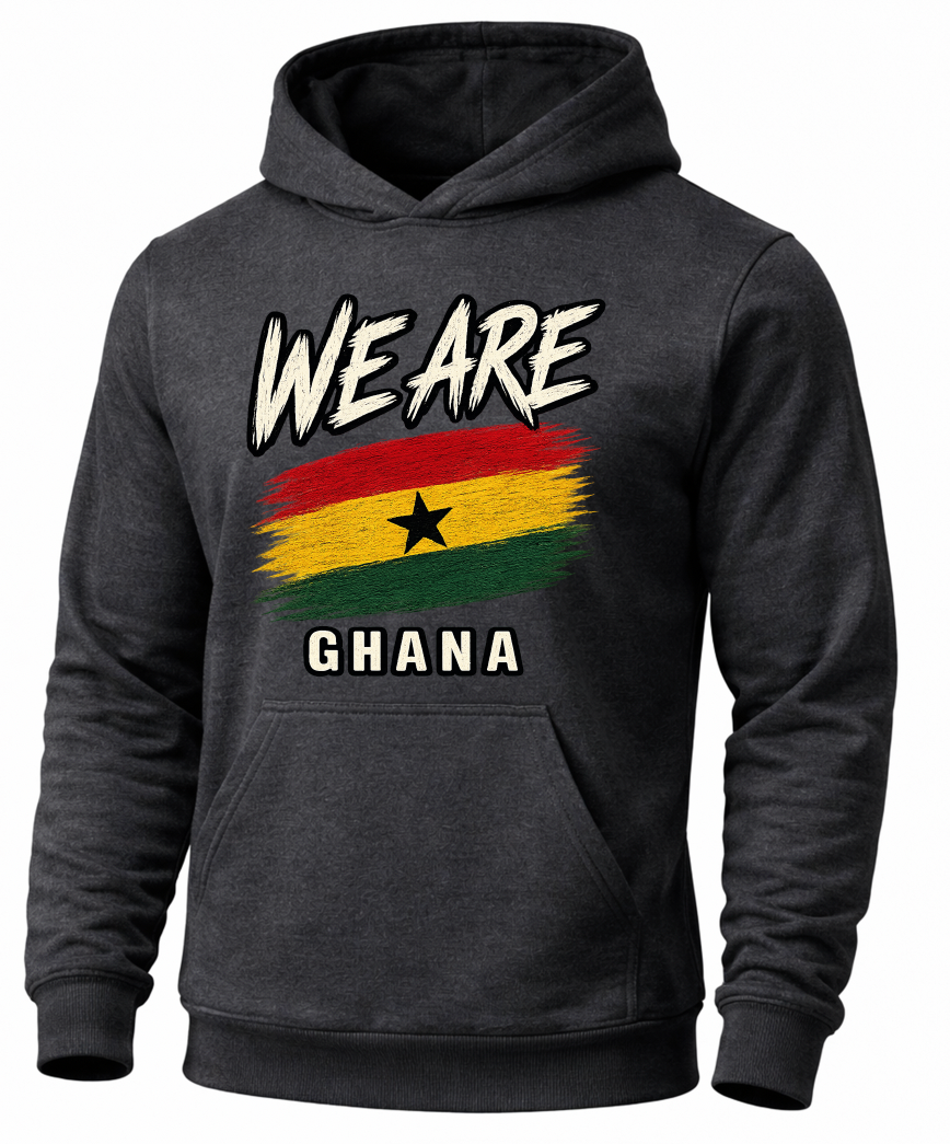 A dark charcoal gray hoodie featuring a distressed graphic of the Ghana flag with the text 'WE ARE' above and 'GHANA' below, displayed on a clean white background.