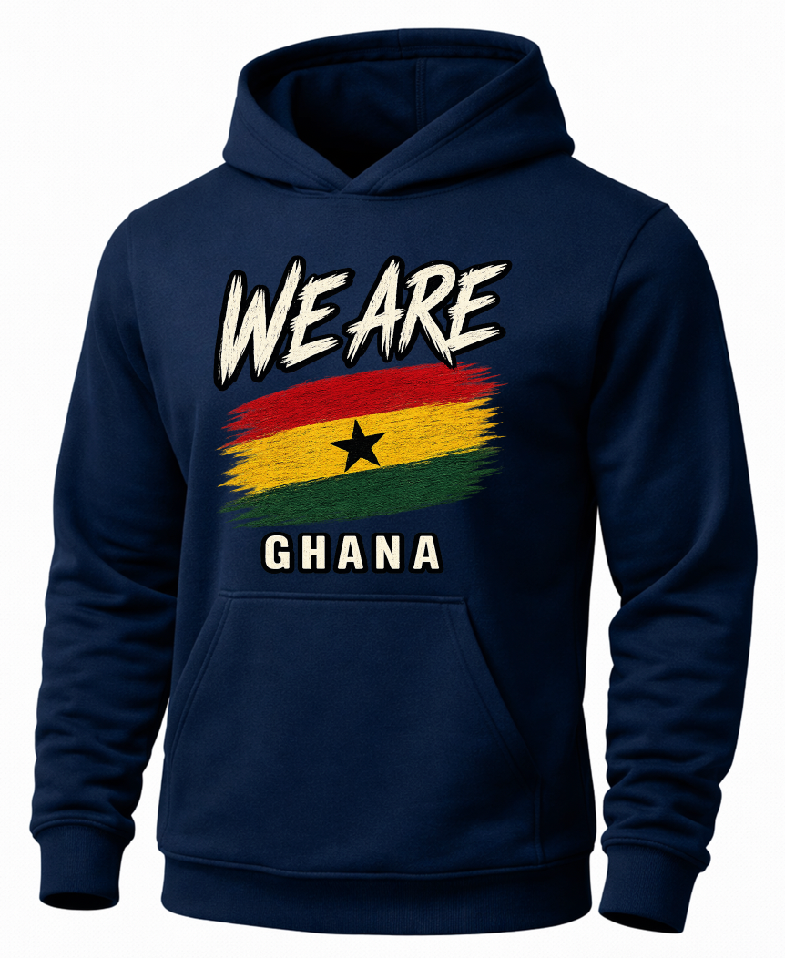 A navy blue pullover hoodie with a front graphic that reads 'WE ARE GHANA' above and below a stylized Ghana flag, shown on a plain white background.