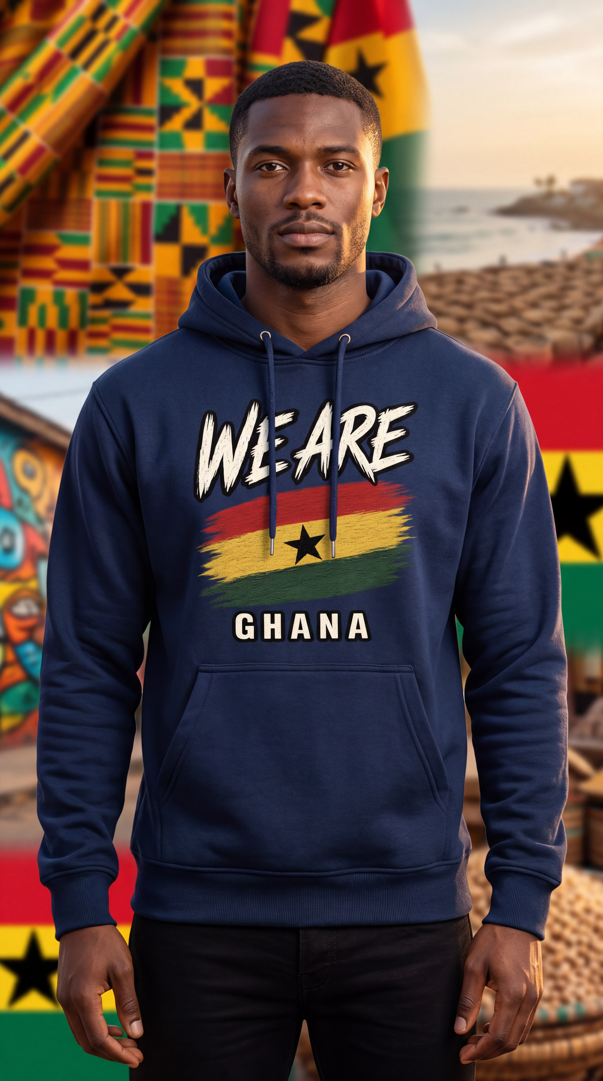 A man wearing a navy blue hoodie with 'WE ARE GHANA' and a Ghana flag graphic on the front, set against a colorful background of Ghanaian flags and cultural decor.
