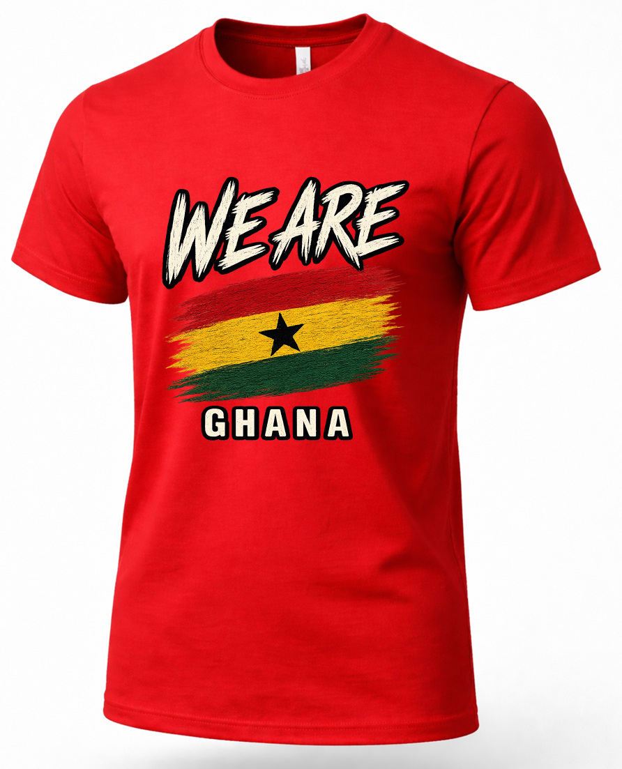 A red short-sleeve crewneck t-shirt featuring a graphic print of the Ghana flag with the words 'WE ARE' above and 'GHANA' below in a stylized white font with black outlines.