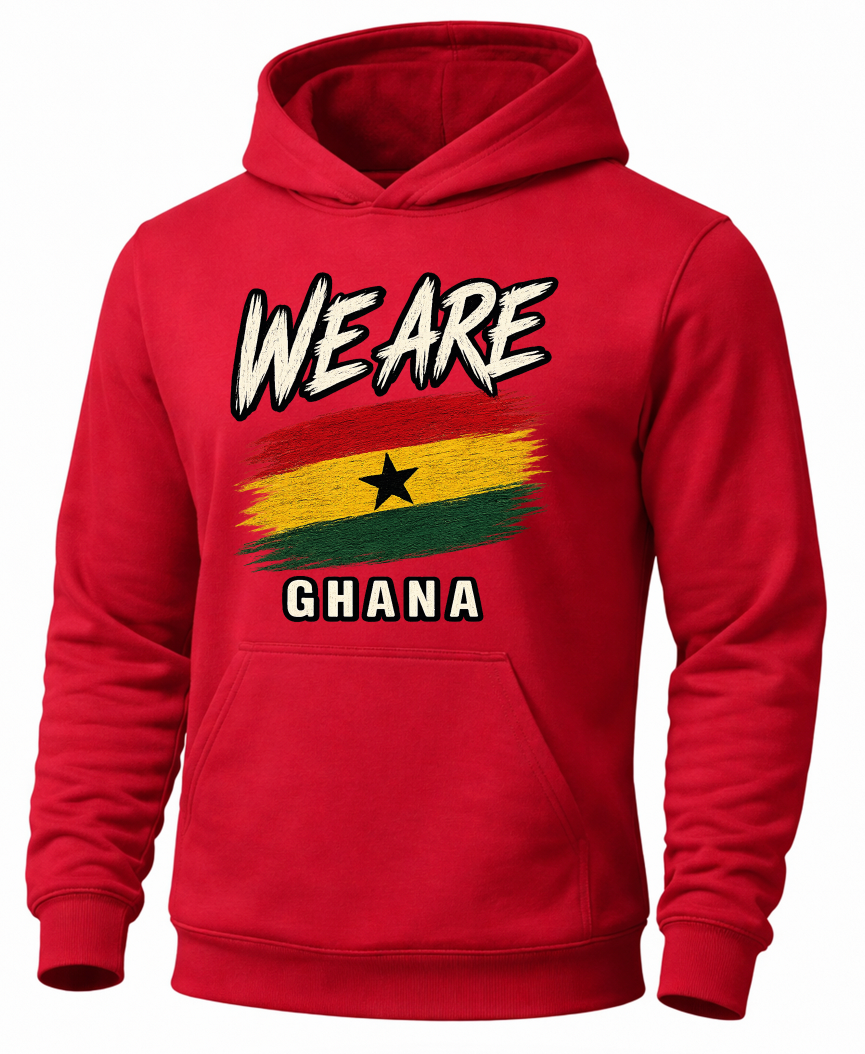 A red pullover hoodie featuring a graphic print of the Ghana flag with the text 'WE ARE GHANA' in white with black outlines, shown on a plain white background.