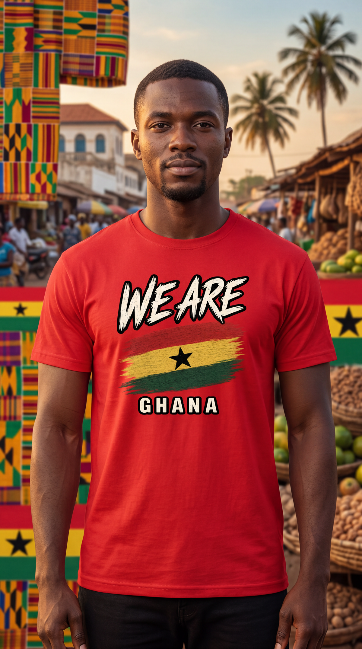 A man wearing a red graphic t-shirt with 'WE ARE GHANA' and the Ghana flag design, standing in front of a colorful market background with palm trees.