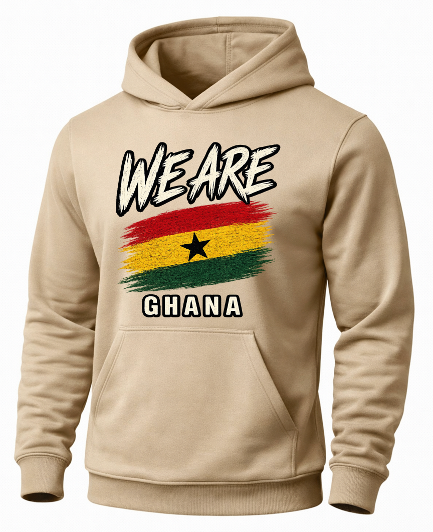 A beige pullover hoodie featuring a graphic print of the Ghana flag with the text 'WE ARE GHANA' in white outlined lettering, shown on a plain white background.