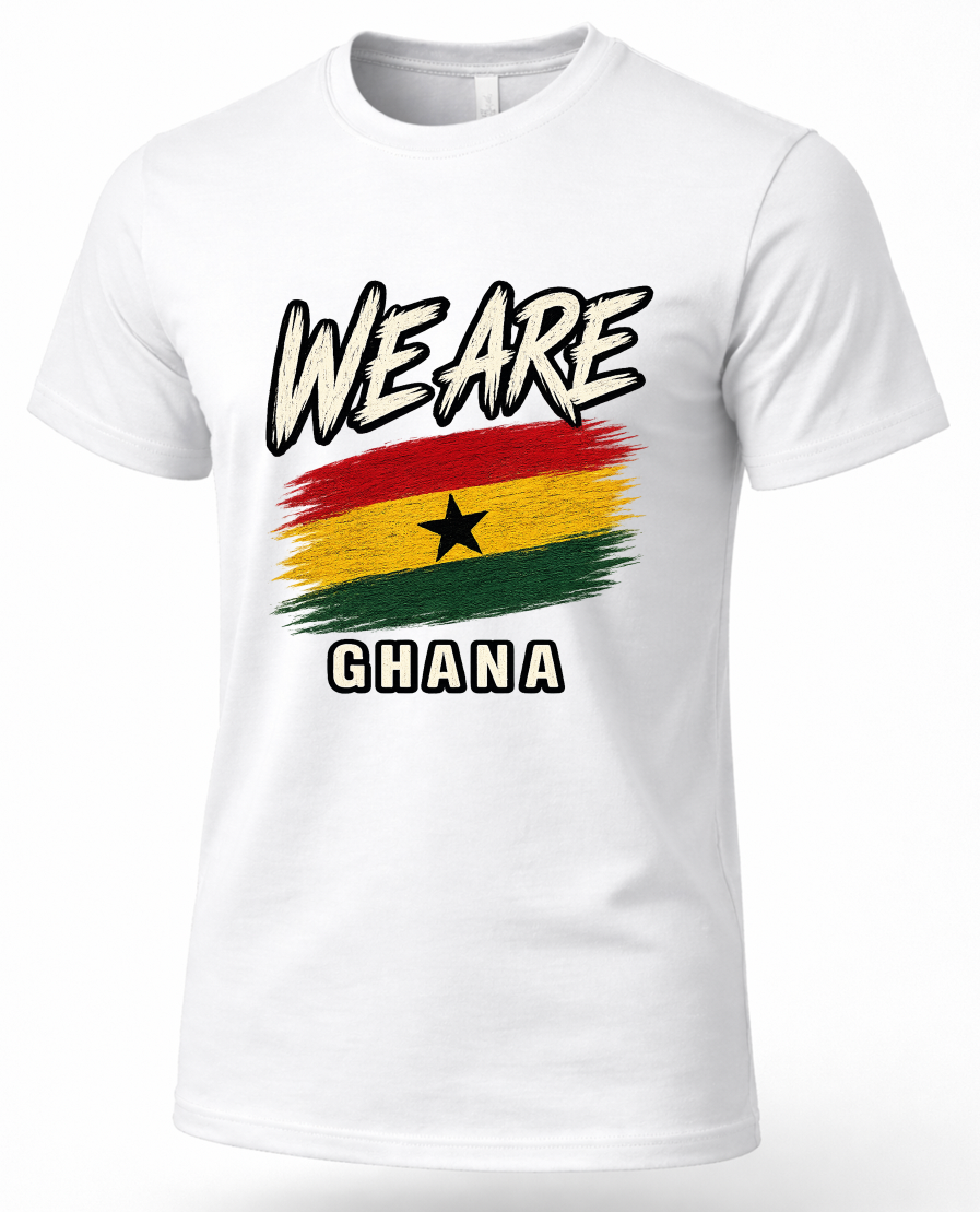 A white short-sleeve crewneck t-shirt featuring a graphic print of the Ghana flag with the text 'WE ARE' above and 'GHANA' below, displayed on a clean white background.