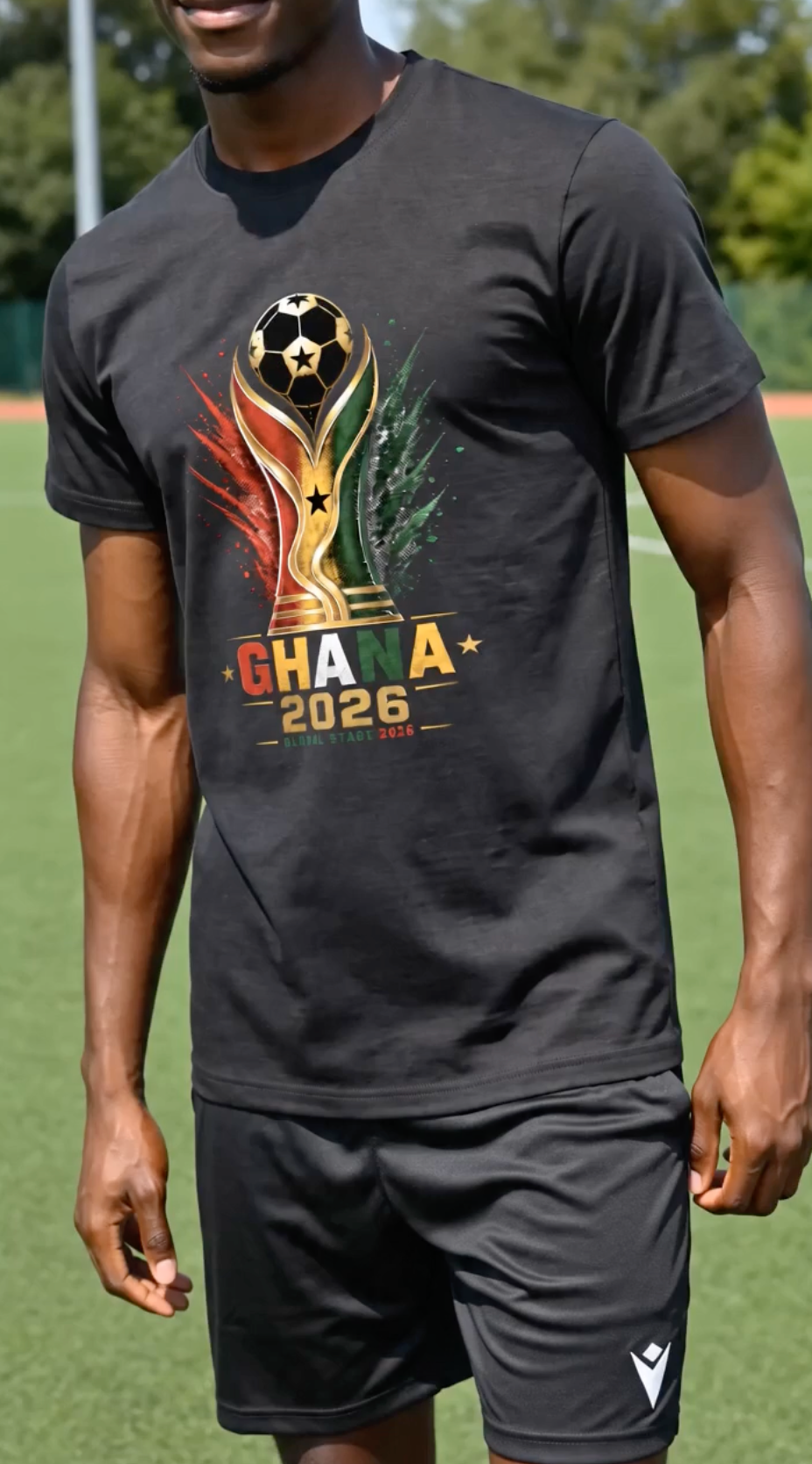 Ghana Soccer Shirt 2026 featuring football trophy design in Ghana flag colors on black t-shirt