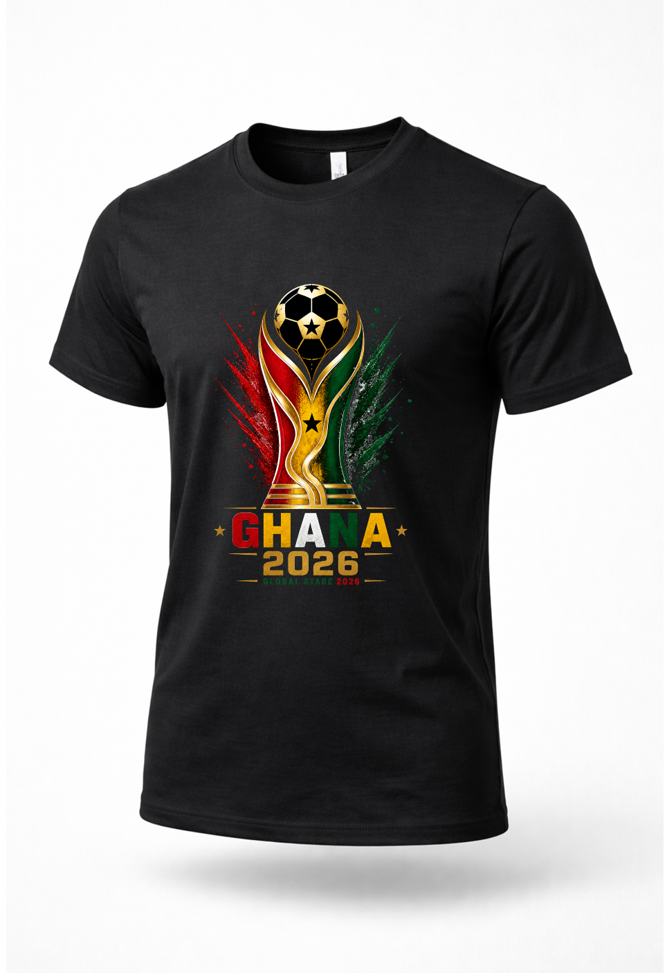 Ghana Soccer Shirt 2026 featuring football trophy design in Ghana flag colors on black t-shirt