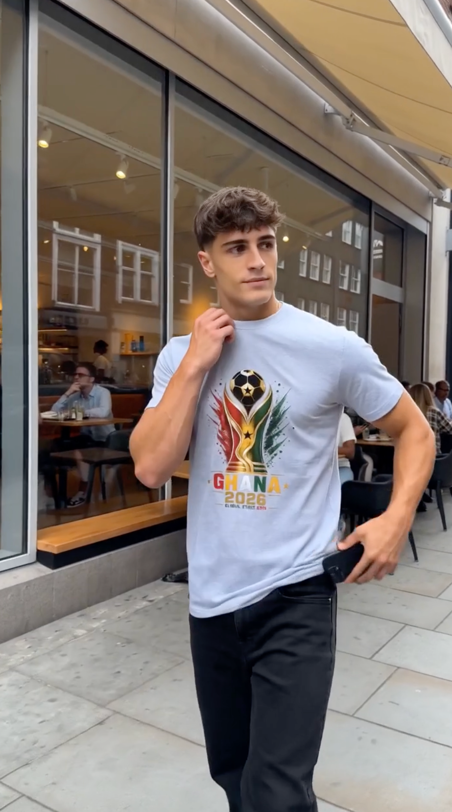 Gray Ghana Soccer Fan T-Shirt with Ghana football trophy graphic and Ghana pride design