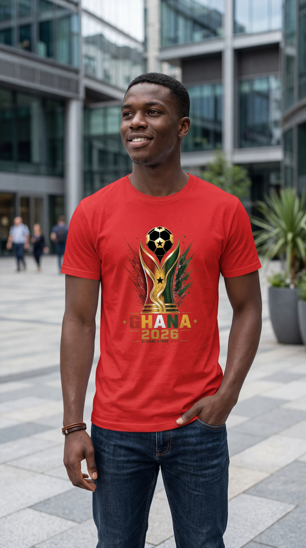 Red Ghana Football Fan Shirt featuring Ghana Soccer 2026 trophy design and national colors