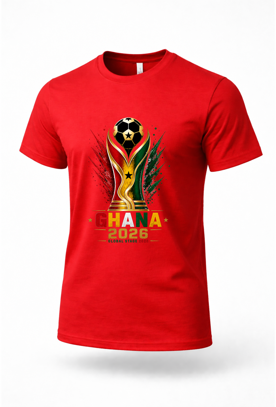 Red Ghana Football Fan Shirt featuring Ghana Soccer 2026 trophy design and national colors
