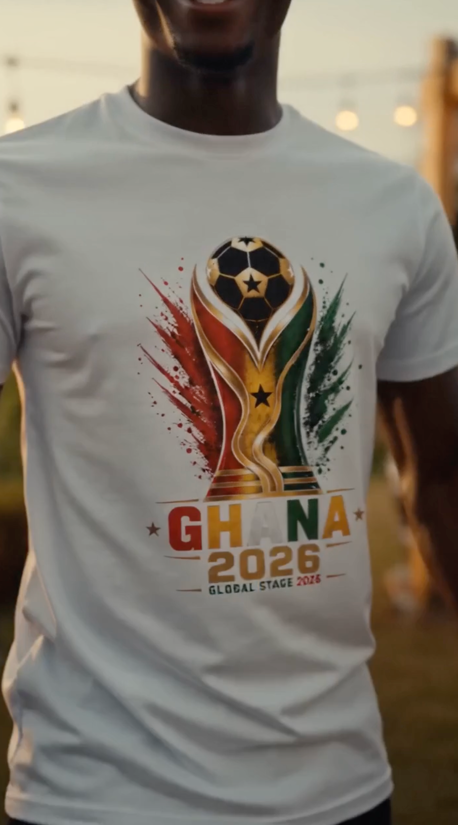 White Ghana Soccer Shirt 2026 with football trophy graphic in red yellow green and black Ghana flag colors