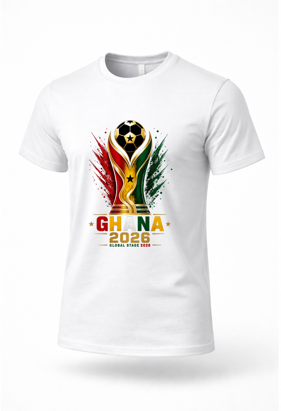White Ghana Soccer Shirt 2026 with football trophy graphic in red yellow green and black Ghana flag colors