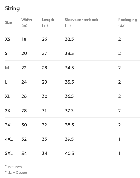 Gildan Unisex size chart