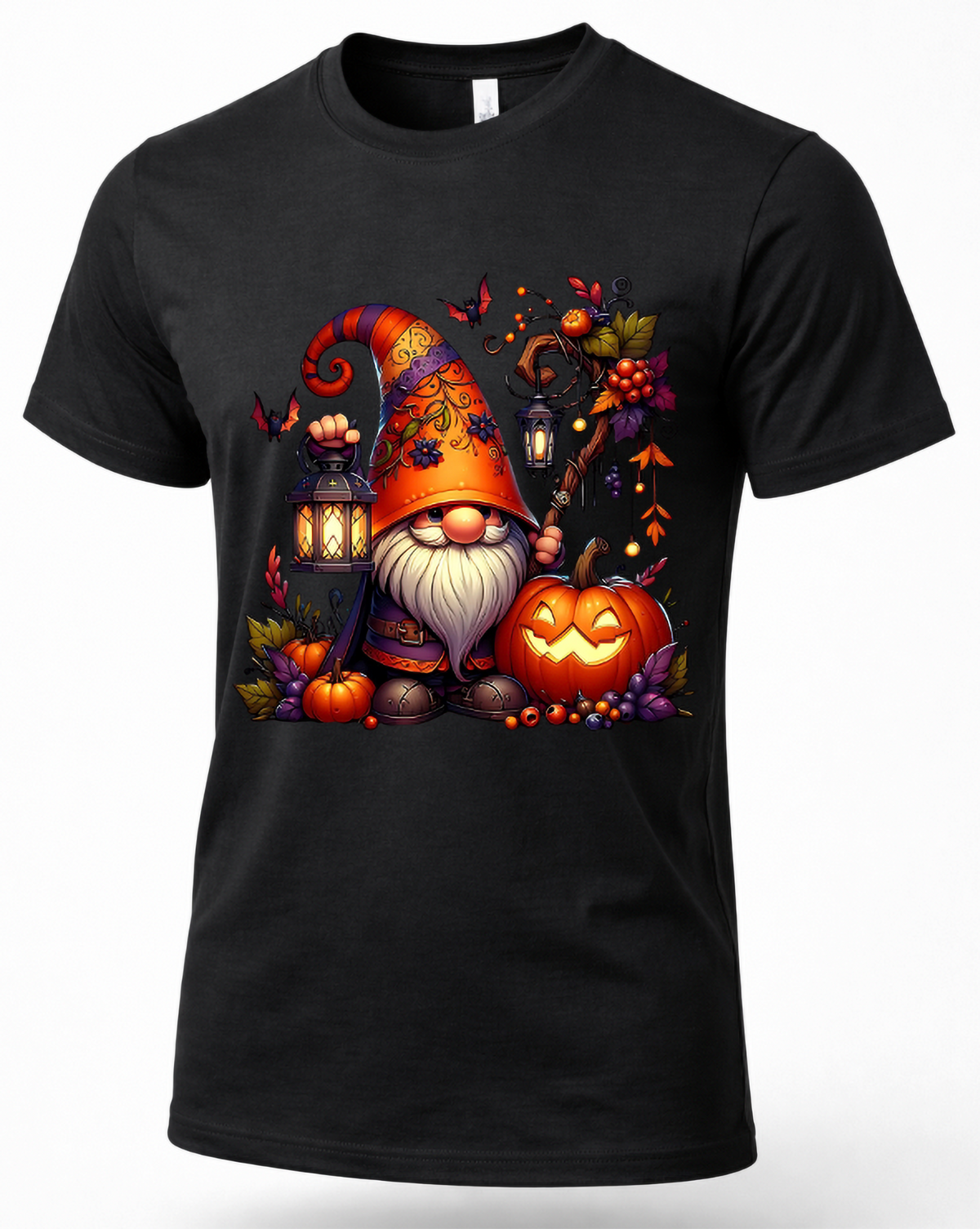 Black Halloween gnome shirt featuring bearded gnome, glowing lantern, jack-o-lantern, pumpkins and bats