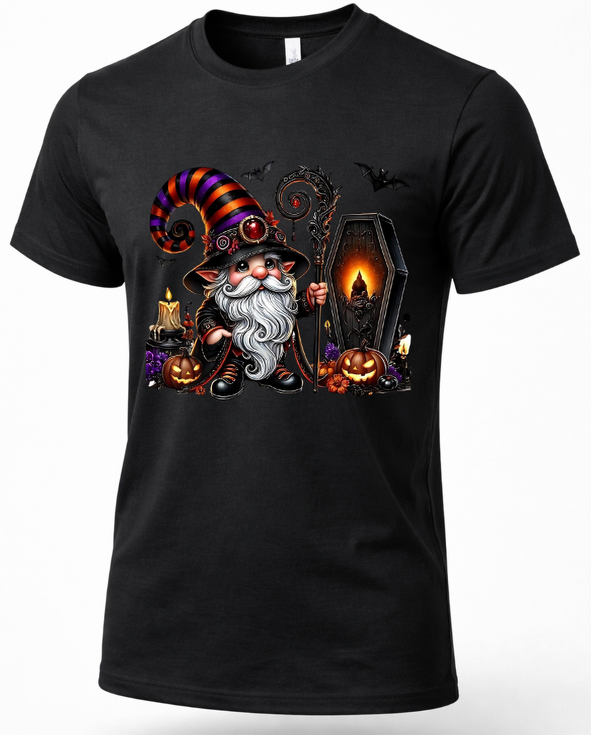 A black short-sleeve crewneck t-shirt featuring a detailed Halloween graphic of a gnome in a witch hat next to a glowing coffin, with pumpkins, bats, and candles.