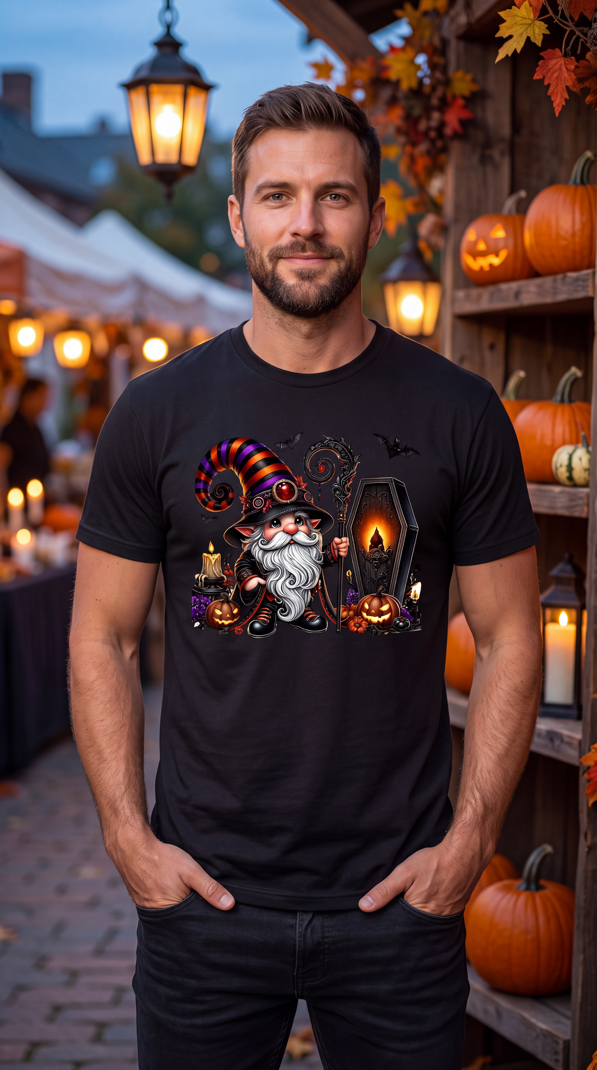 A man wearing a black graphic t-shirt with a Halloween gnome design, standing in an outdoor autumn market setting with pumpkins and lanterns.