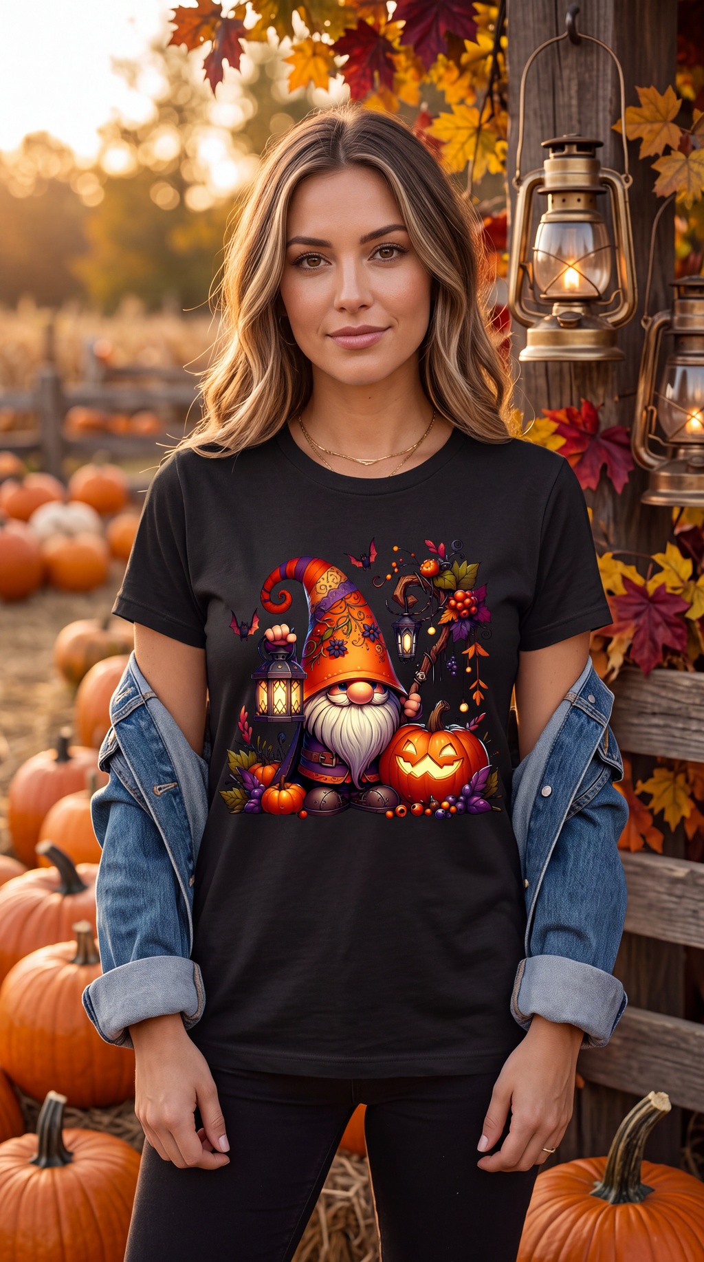Female model wearing black Halloween gnome shirt with pumpkin, lantern, bats and colorful autumn graphic