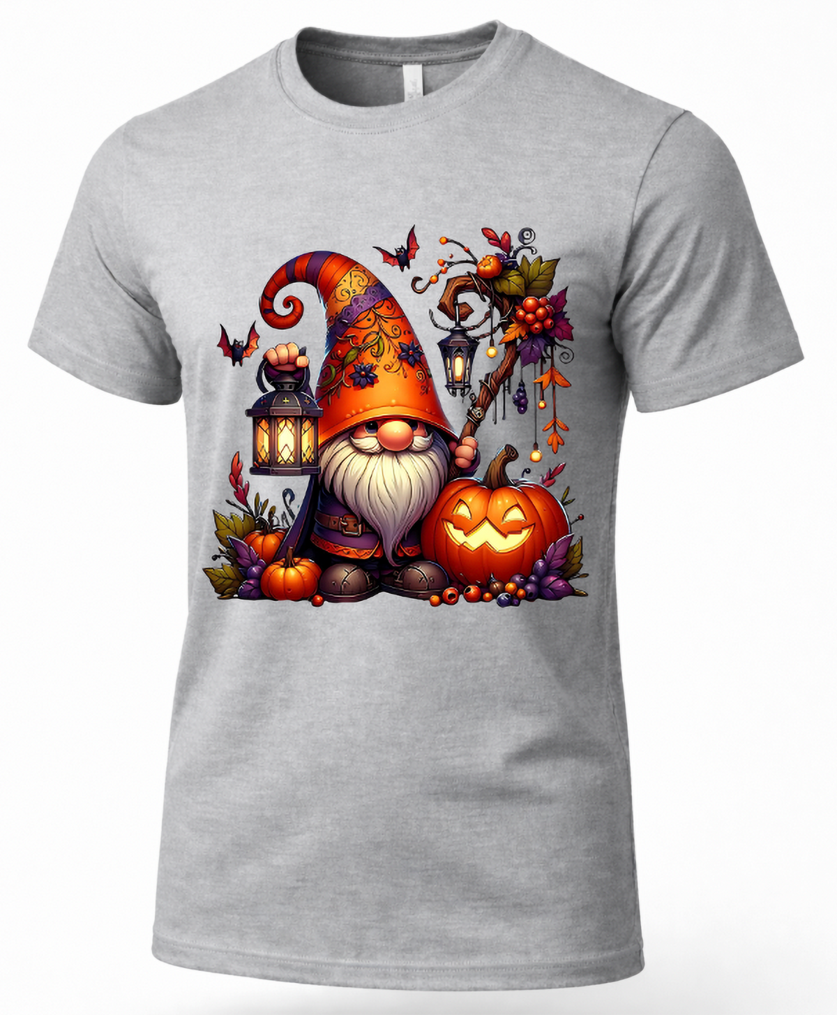 Heather gray Halloween gnome shirt with bearded gnome, jack-o-lantern, glowing lantern, pumpkins and bats