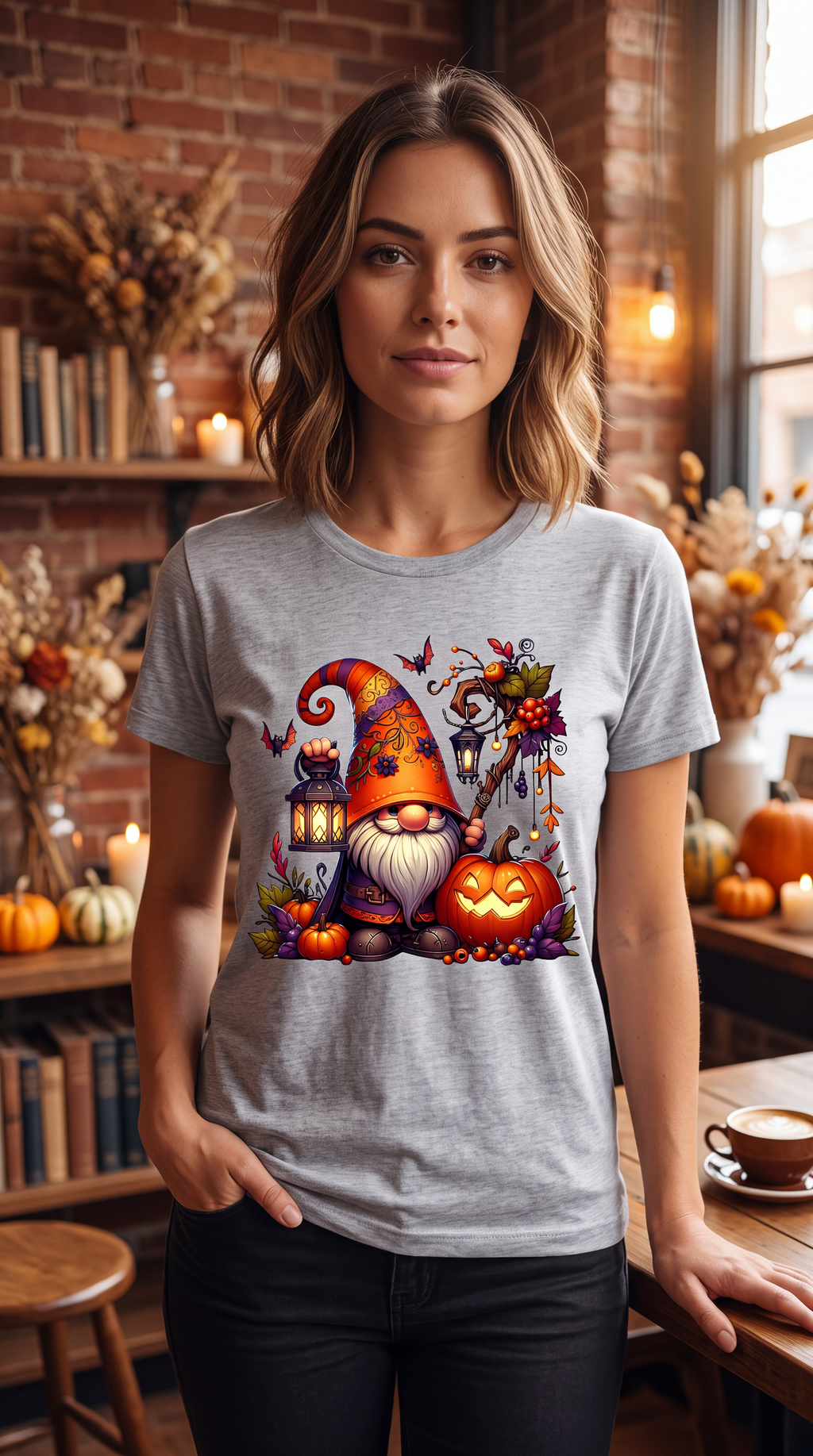 Female model wearing heather gray Halloween gnome shirt featuring pumpkin, lantern and spooky gnome graphic