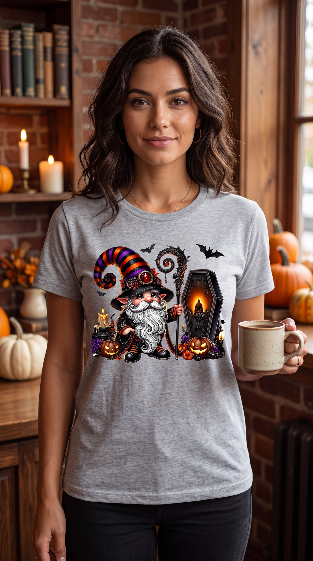 A woman wearing a light gray heather t-shirt with a colorful graphic of a witch goblin, a coffin, and pumpkins, holding a mug in a cozy, pumpkin-decorated room.