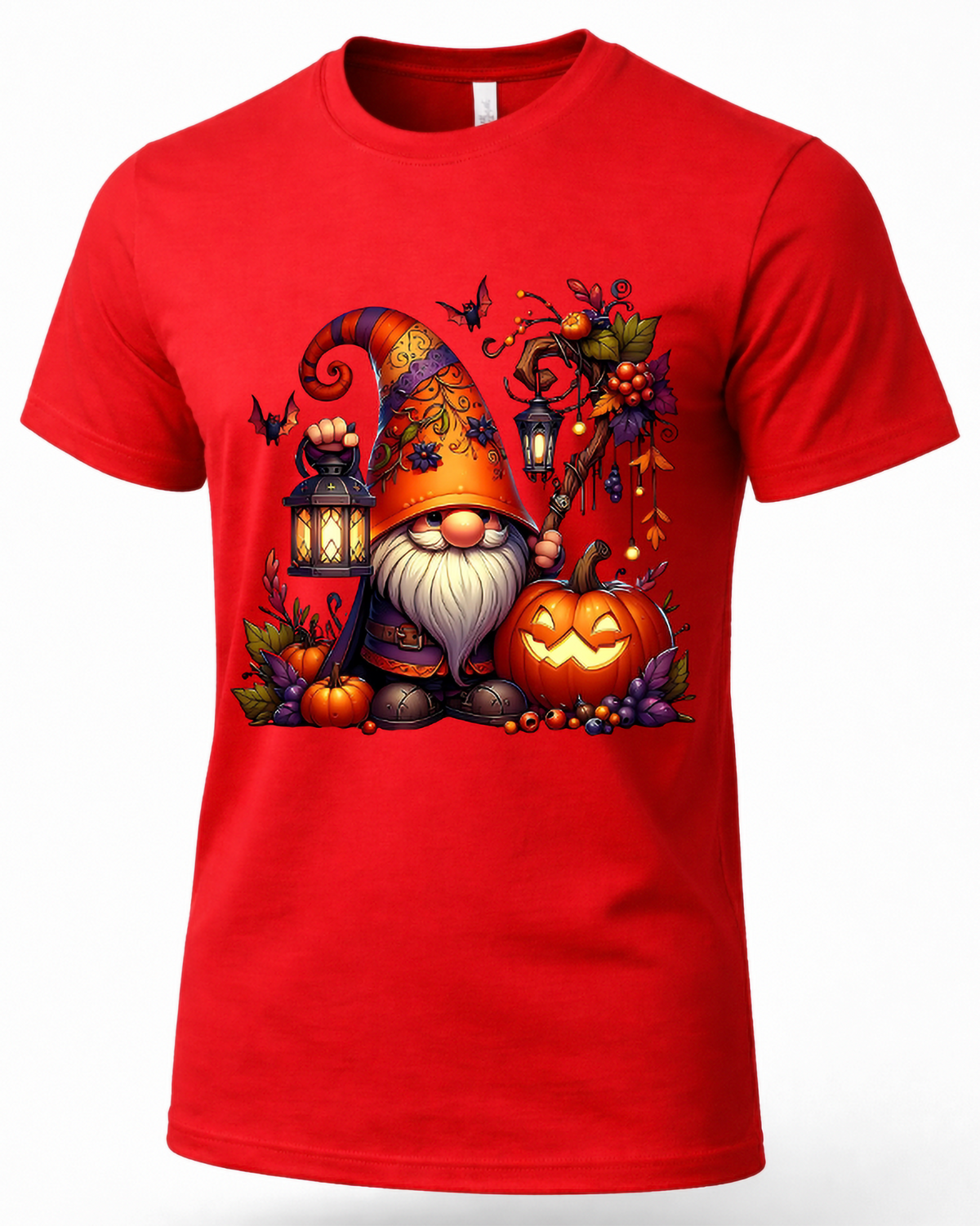 Red Halloween gnome shirt with bearded gnome, jack-o-lantern, glowing lantern, pumpkins and bats