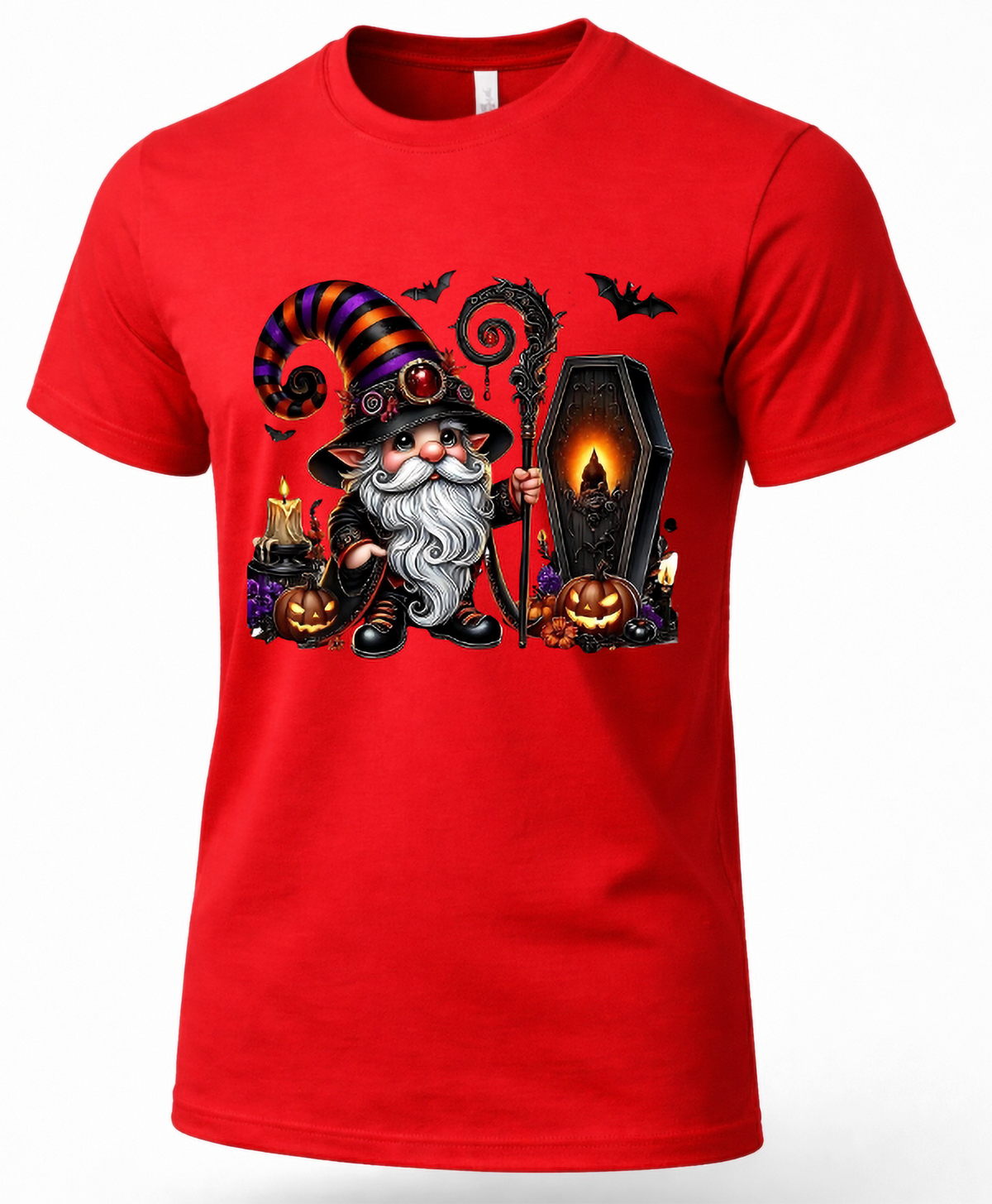 A red short-sleeve crewneck t-shirt featuring a detailed Halloween graphic of a wizard gnome, a coffin, pumpkins, and bats on the front, displayed on a clean white background.