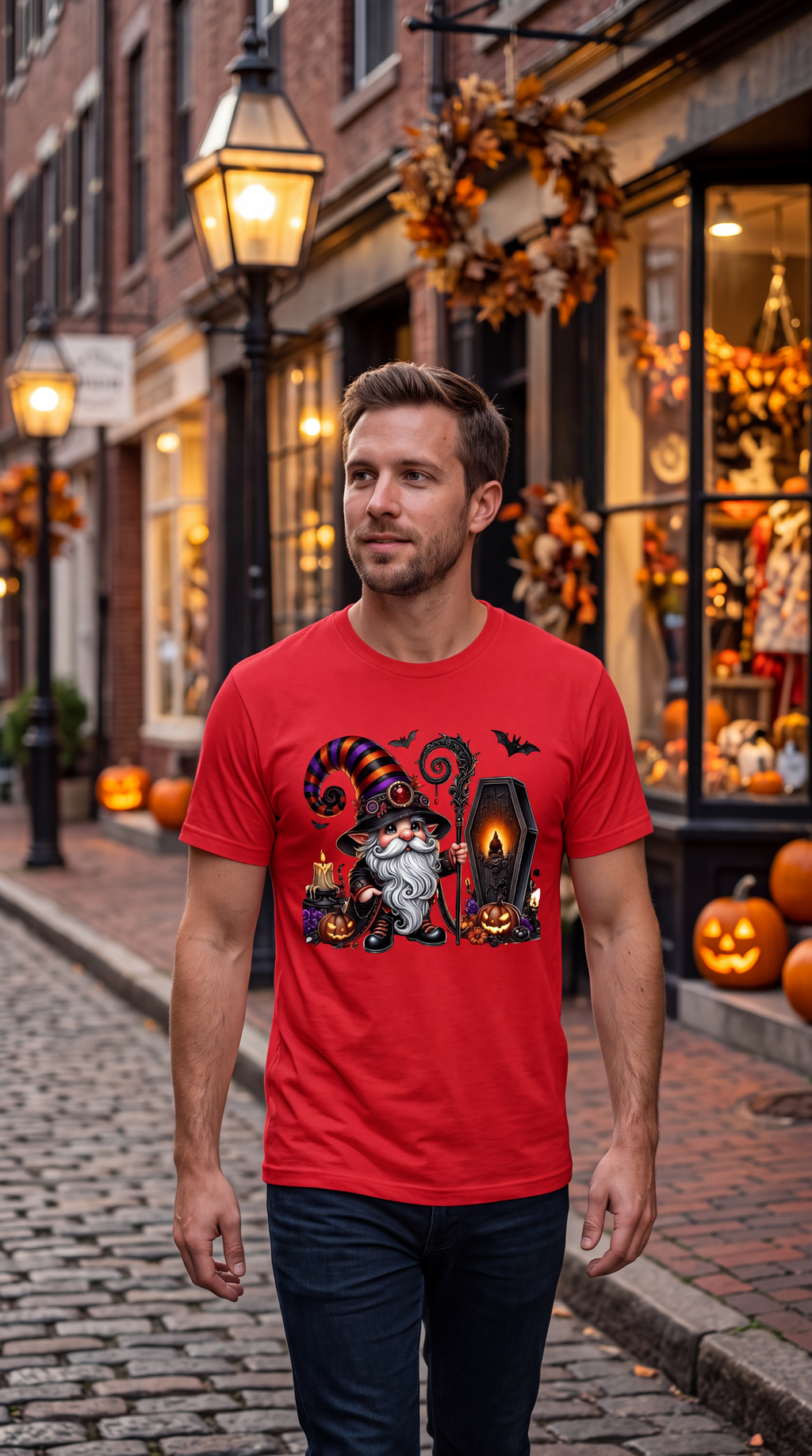 A man wearing a red graphic t-shirt with a Halloween gnome design, standing on a cobblestone street in front of a decorated storefront.