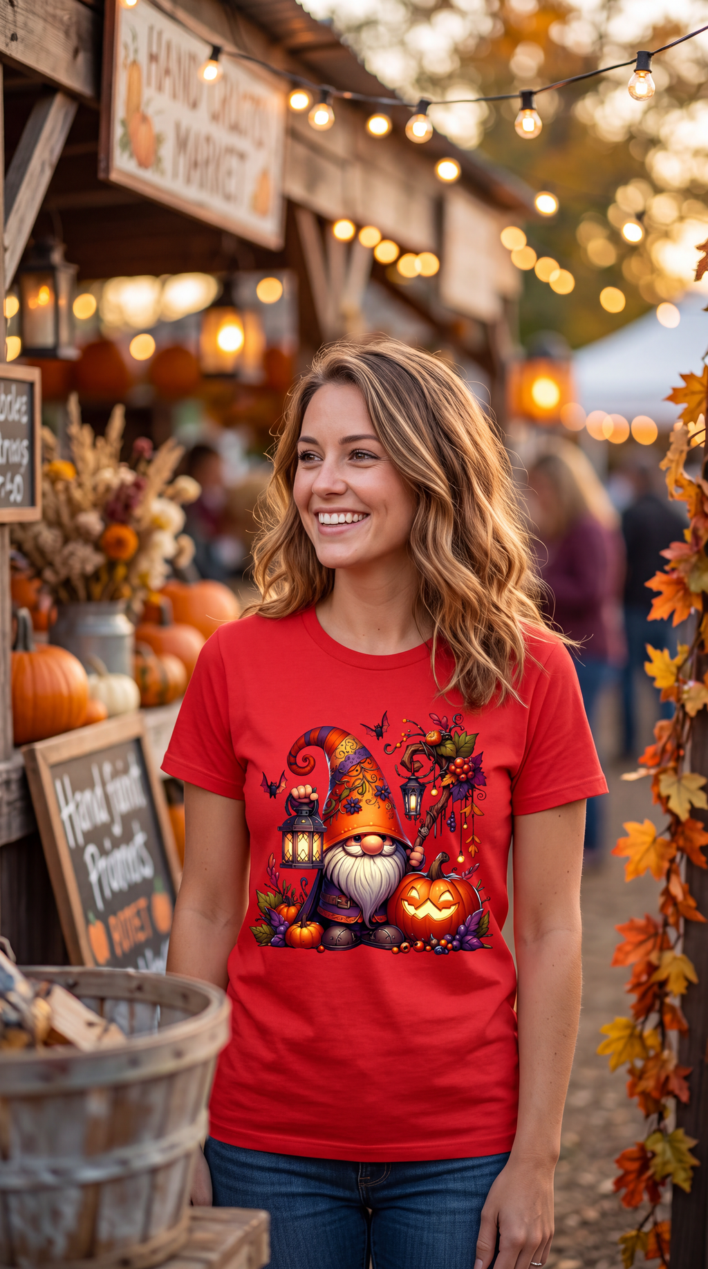 Red Halloween gnome shirt featuring bearded gnome, glowing jack-o-lantern, lantern, pumpkins and bats