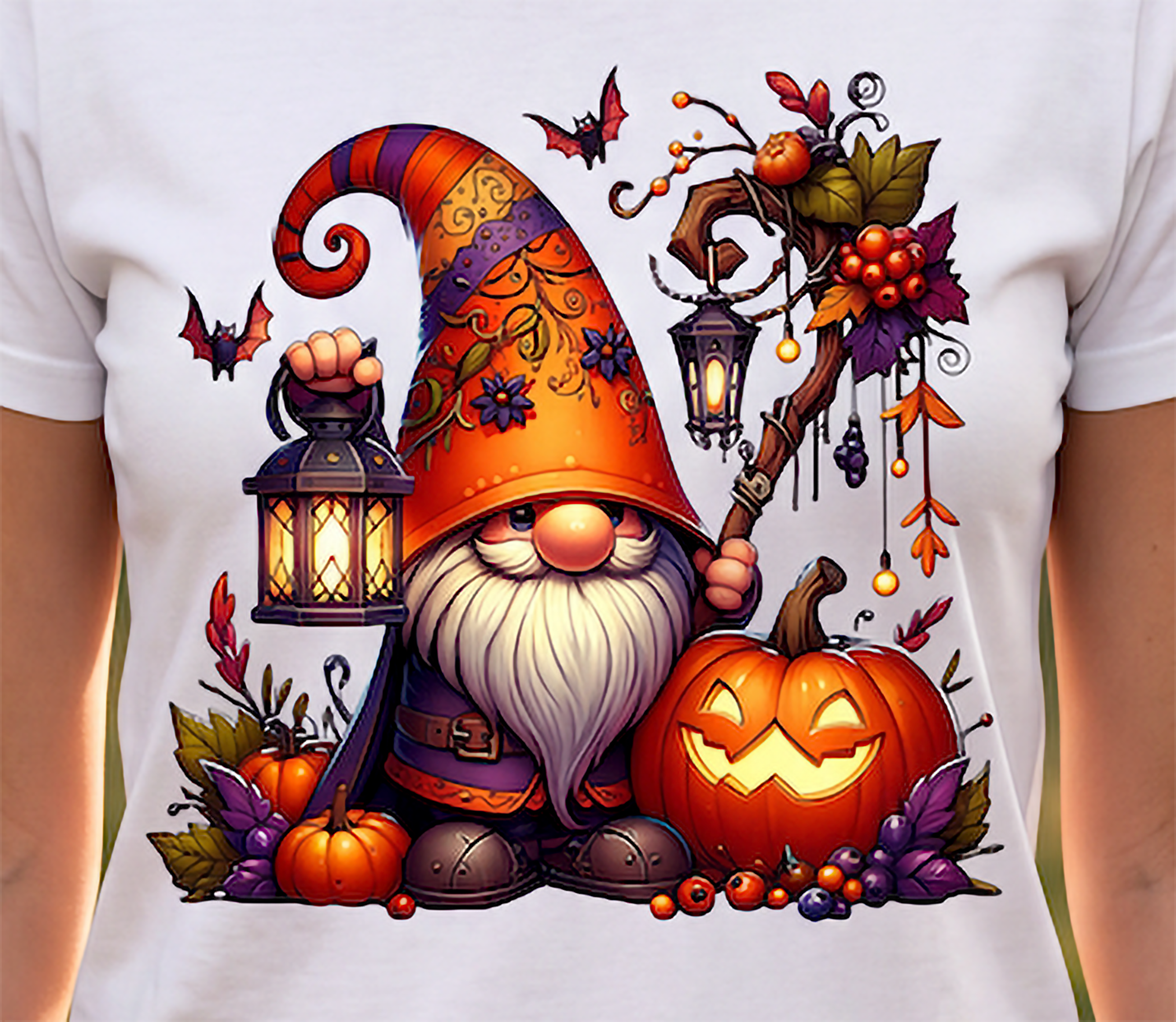 Close-up of Halloween gnome graphic featuring colorful hat, lantern, jack-o-lantern, pumpkins, bats and autumn foliage