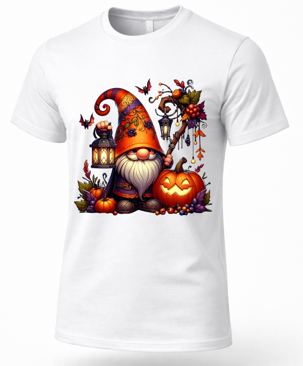 White Halloween gnome shirt featuring a bearded gnome with glowing lantern, jack-o-lantern, pumpkins and bats