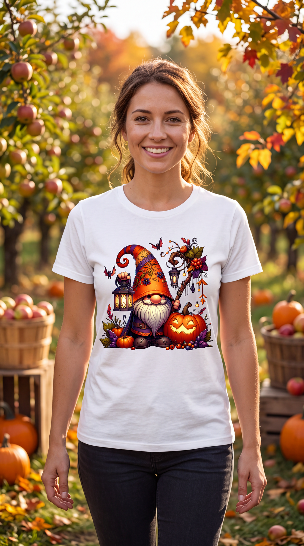 Female model wearing white Halloween gnome shirt with jack-o-lantern, glowing lantern, pumpkins and bats graphic