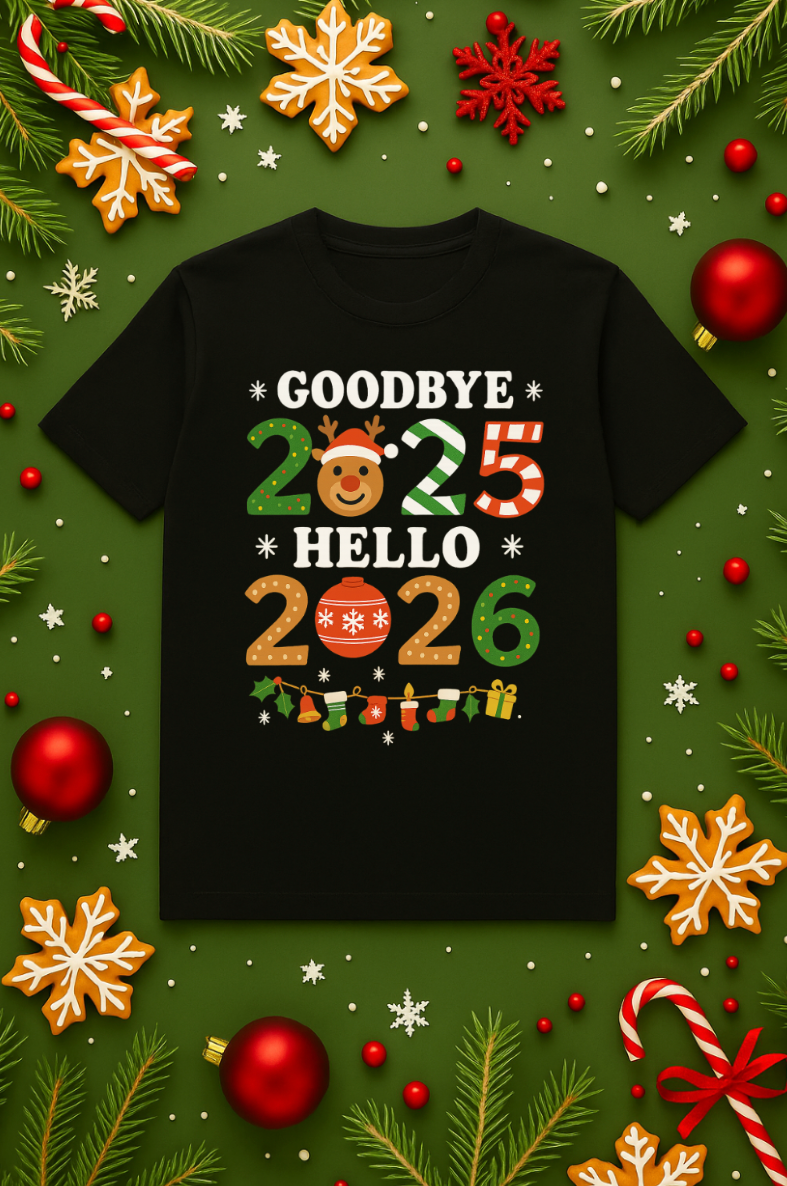 Black “Goodbye 2025 Hello 2026” Christmas and New Year holiday graphic T-shirt with festive decorations.