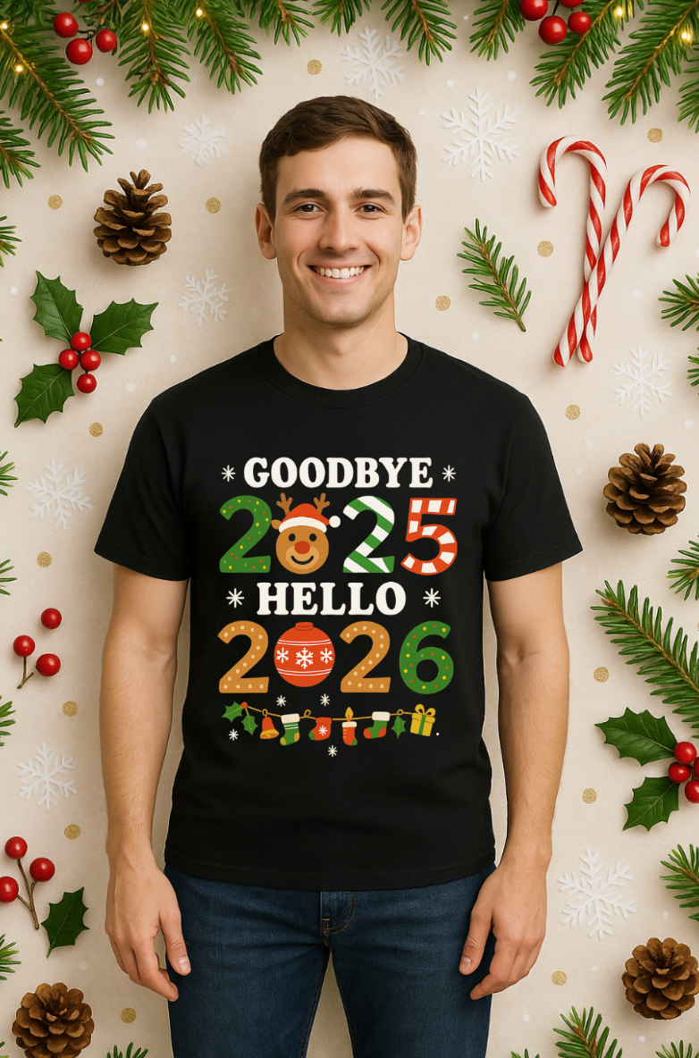 Model wearing a black “Goodbye 2025 Hello 2026” Christmas and New Year holiday graphic T-shirt, surrounded by festive Christmas decorations.