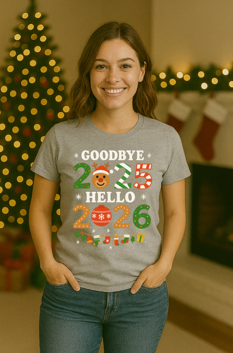 Woman wearing a gray “Goodbye 2025 Hello 2026” Christmas and New Year holiday graphic T-shirt in a cozy festive living room setting.