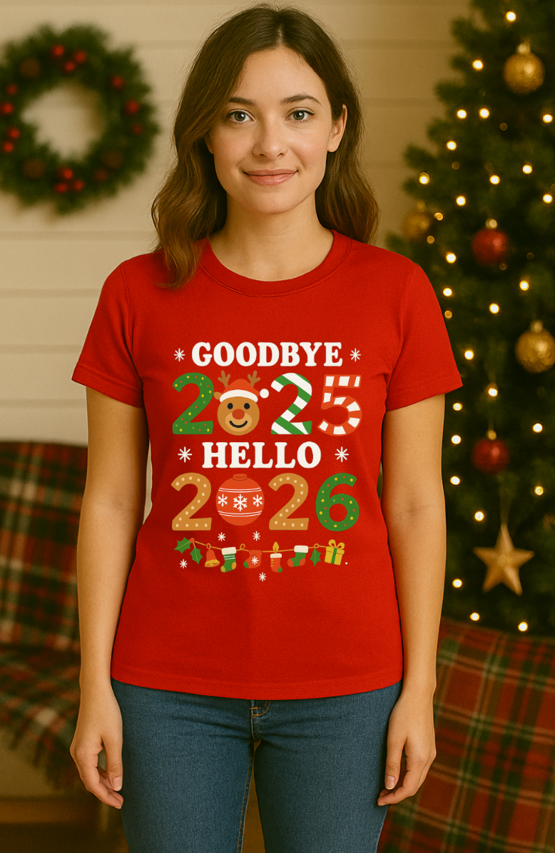 Woman wearing a red “Goodbye 2025 Hello 2026” Christmas and New Year holiday graphic T-shirt, standing in front of a decorated Christmas tree.