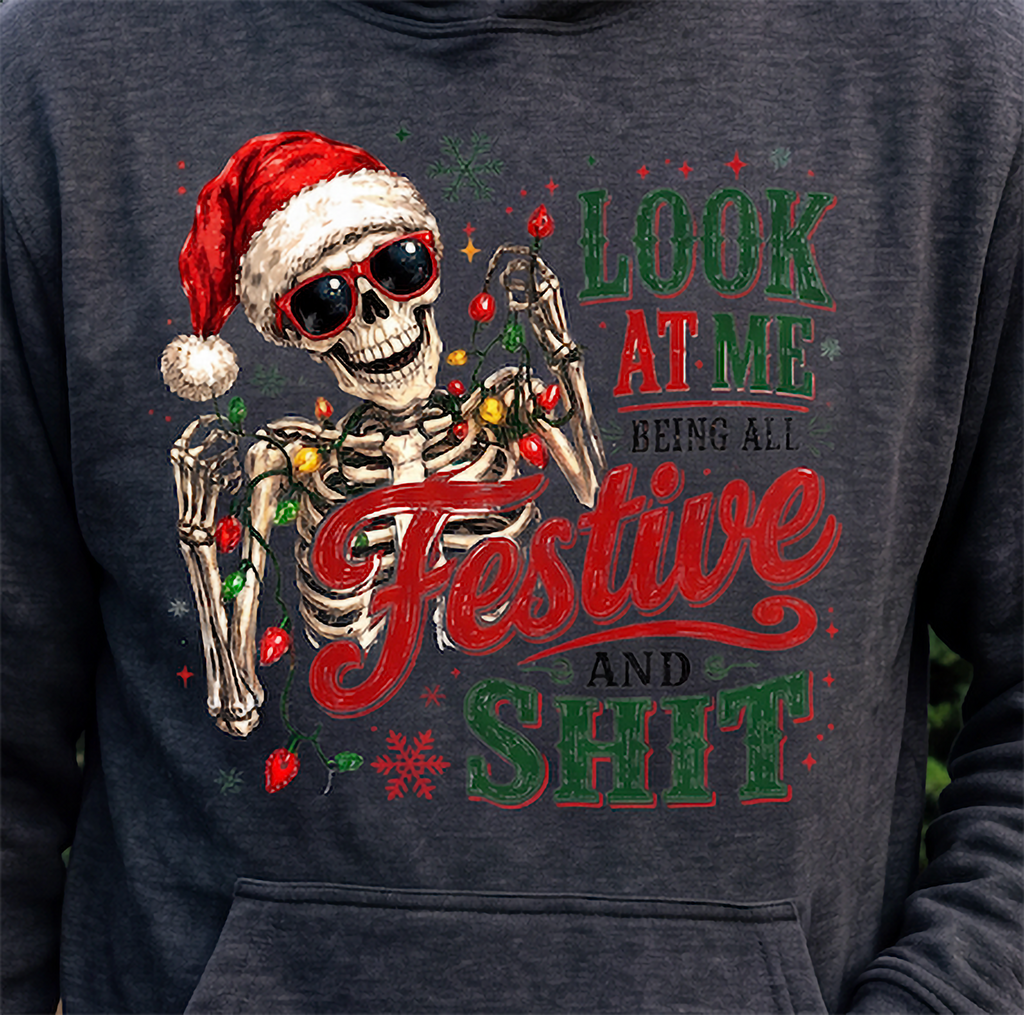 Close-up of gray All Festive and Shit funny Christmas hoodie design