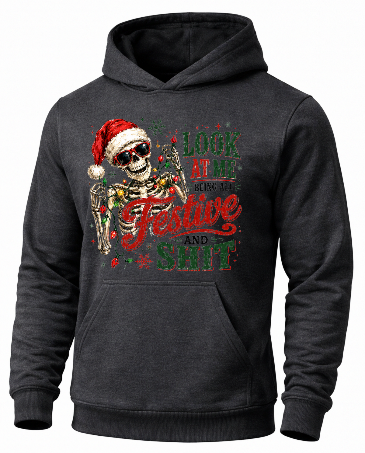 Gray skeleton Christmas hoodie with Santa hat and colorful holiday lights graphic
